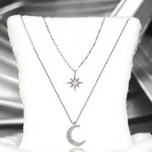 CZ Moon and Star Silver Plated layered necklace. New.
